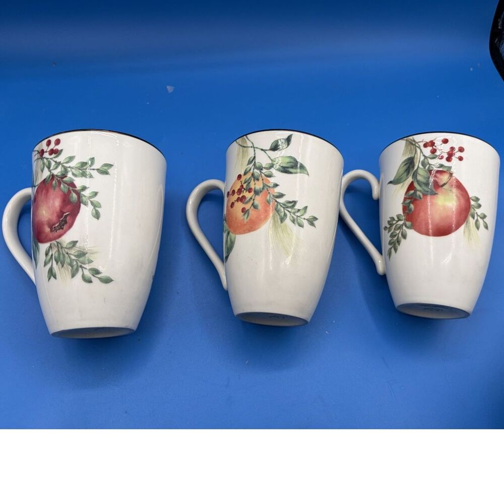 Lenox Boxwood and Pine set of 3 tall fruit tree mugs Apple Pomegranite